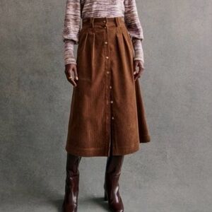 Sezane Clarine Midi Corduroy Skirt Organic Cotton in Caramel Brown EU 46 US 14